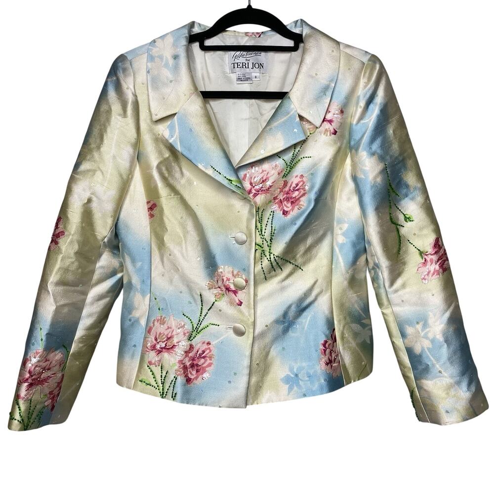 Rickie Freeman for Teri Jon Women's 8 Jacket Silk Wool Pastel Floral Art Sequin